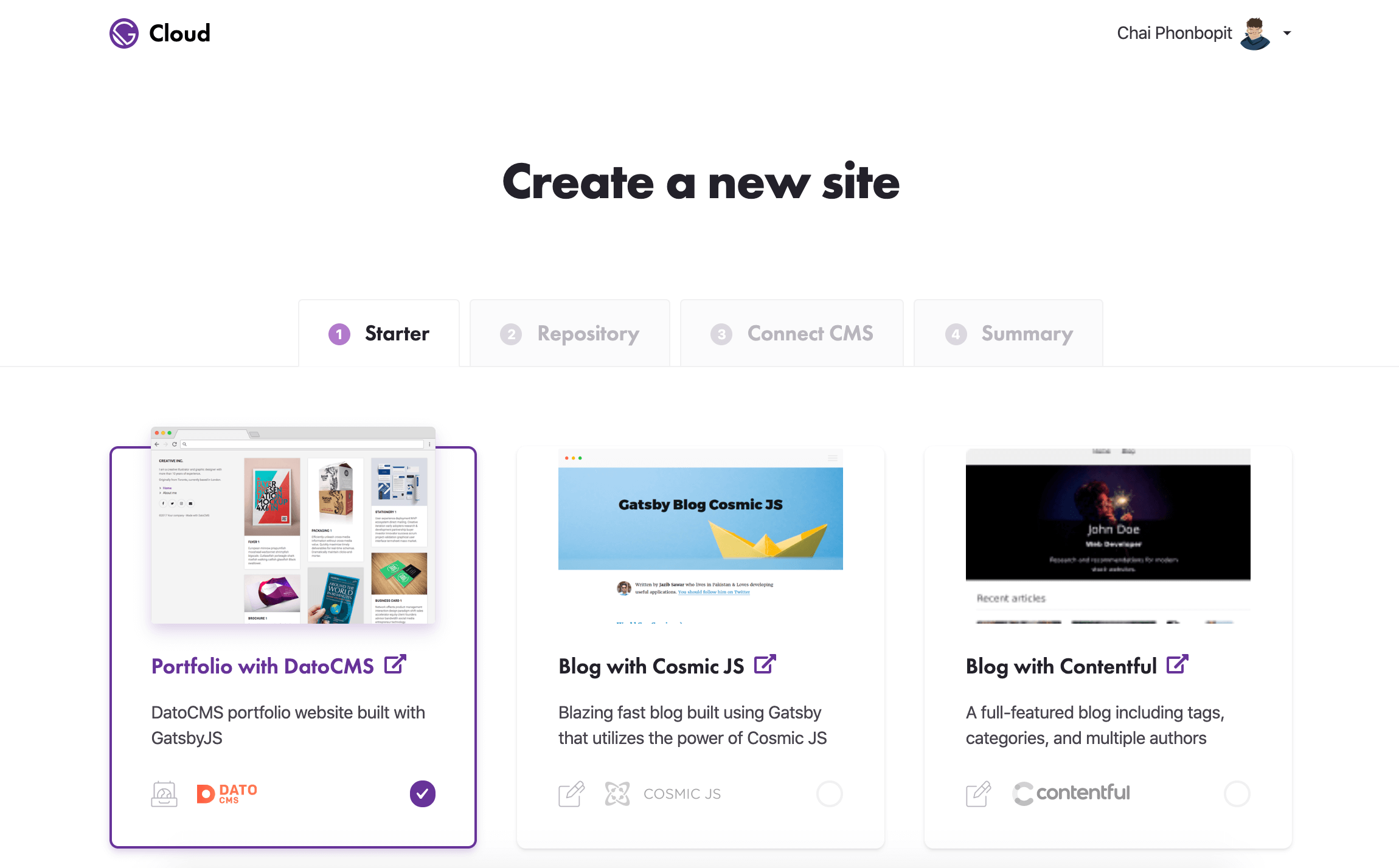 Create new site on gatsby cloud
