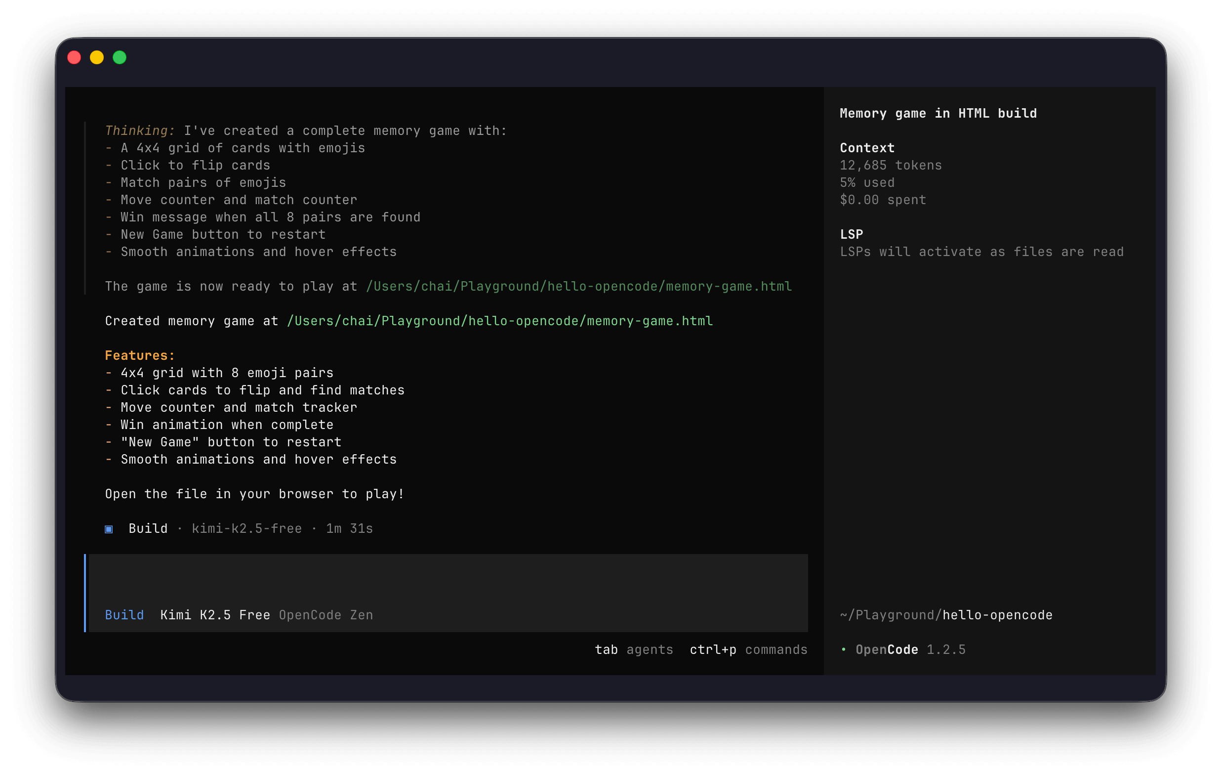 OpenCode build memory game